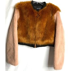 Shaci Blue Women's Pink Brown Faux Fur Short Jacket Coat Medium EUC